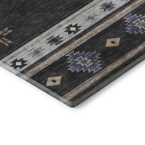 5' X 8' Midnight Ivory And Beige Geometric Washable Area Rug With UV Protection