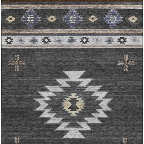 5' X 8' Midnight Ivory And Beige Geometric Washable Area Rug With UV Protection