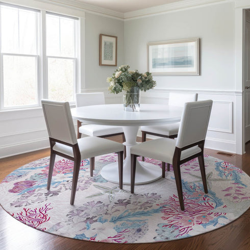 8' Raspberry Ivory And Blue Geometric Washable Round Rug With UV Protection