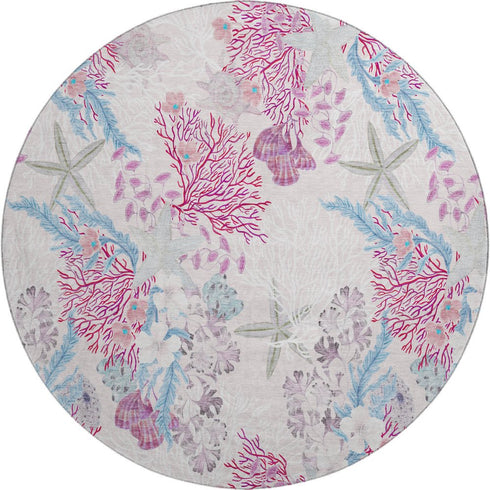 8' Raspberry Ivory And Blue Geometric Washable Round Rug With UV Protection