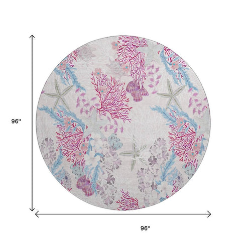 8' Raspberry Ivory And Blue Geometric Washable Round Rug With UV Protection