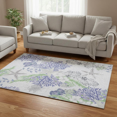 5' X 8' Blue Ivory And Lime Green Geometric Washable Area Rug With UV Protection