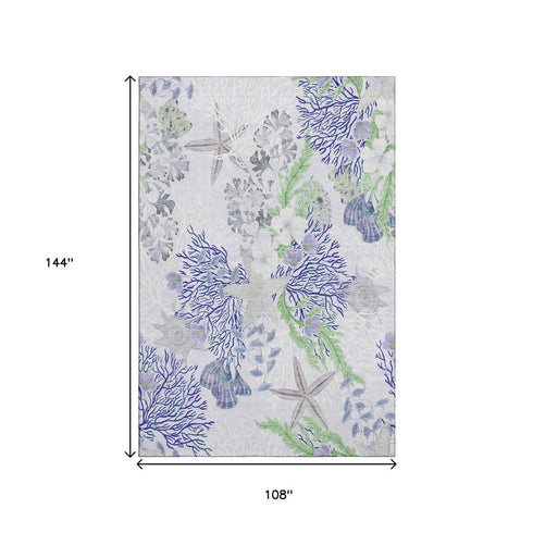 9' X 12' Blue Ivory And Lime Green Geometric Washable Area Rug With UV Protection