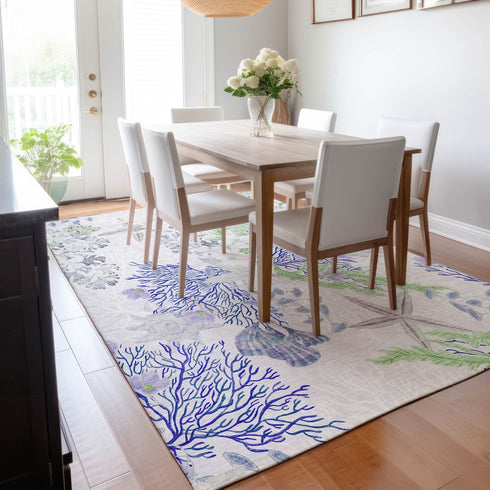 9' X 12' Blue Ivory And Lime Green Geometric Washable Area Rug With UV Protection