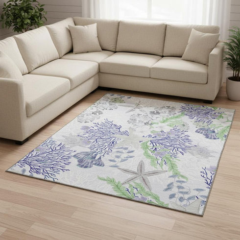 9' X 12' Blue Ivory And Lime Green Geometric Washable Area Rug With UV Protection