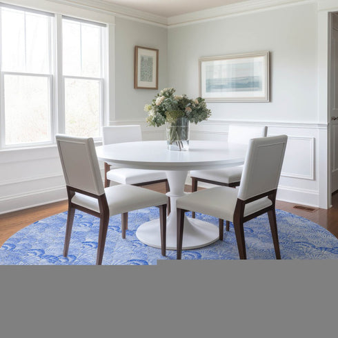 8' Blue And Ivory Geometric Washable Round Rug With UV Protection