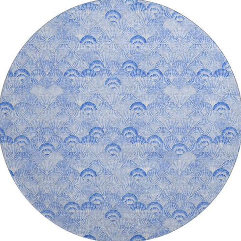 8' Blue And Ivory Geometric Washable Round Rug With UV Protection