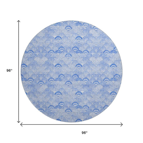 8' Blue And Ivory Geometric Washable Round Rug With UV Protection