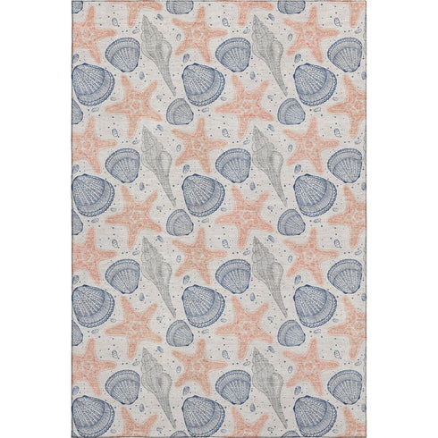 5' X 8' Peach Ivory And Navy Blue Geometric Washable Area Rug With UV Protection