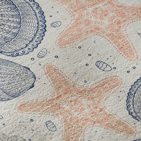 5' X 8' Peach Ivory And Navy Blue Geometric Washable Area Rug With UV Protection