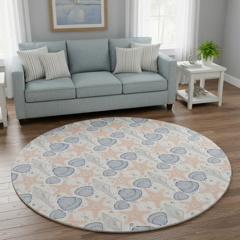 8' Peach Ivory And Navy Blue Geometric Washable Round Rug With UV Protection