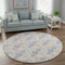 8' Peach Ivory And Navy Blue Geometric Washable Round Rug With UV Protection