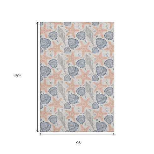 8' X 10' Peach Ivory And Navy Blue Geometric Washable Area Rug With UV Protection
