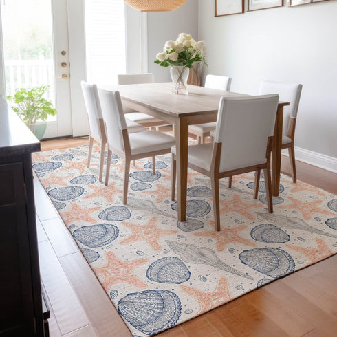 8' X 10' Peach Ivory And Navy Blue Geometric Washable Area Rug With UV Protection