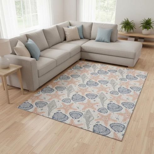 8' X 10' Peach Ivory And Navy Blue Geometric Washable Area Rug With UV Protection