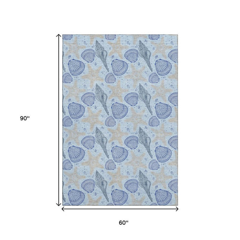 5' X 8' Blue And Beige Geometric Washable Area Rug With UV Protection