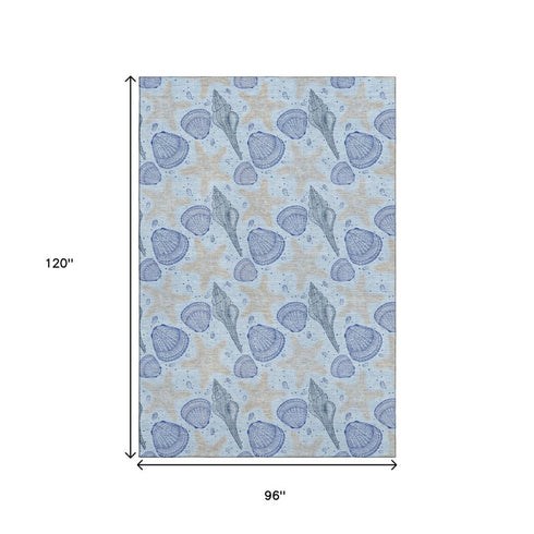 8' X 10' Blue And Beige Geometric Washable Area Rug With UV Protection