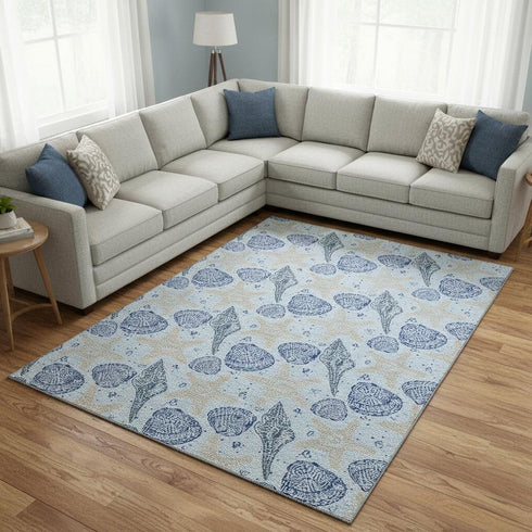 8' X 10' Blue And Beige Geometric Washable Area Rug With UV Protection