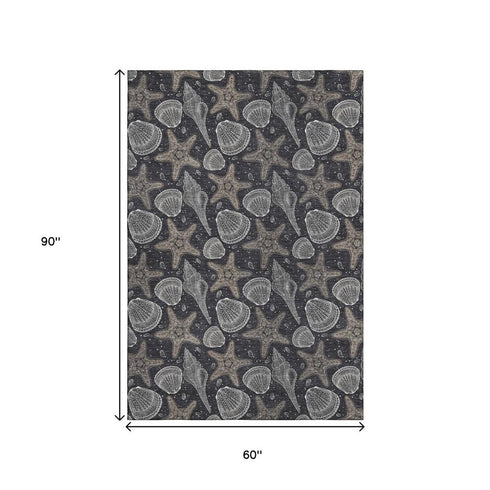 5' X 8' Midnight And Taupe Geometric Washable Area Rug With UV Protection