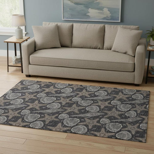 5' X 8' Midnight And Taupe Geometric Washable Area Rug With UV Protection