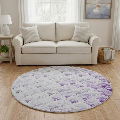 8' Purple Ivory And Gray Geometric Washable Round Rug With UV Protection