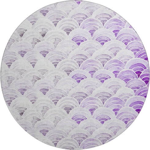 8' Purple Ivory And Gray Geometric Washable Round Rug With UV Protection