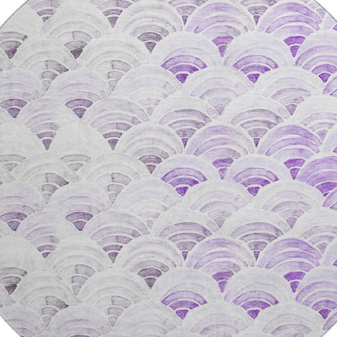 8' Purple Ivory And Gray Geometric Washable Round Rug With UV Protection
