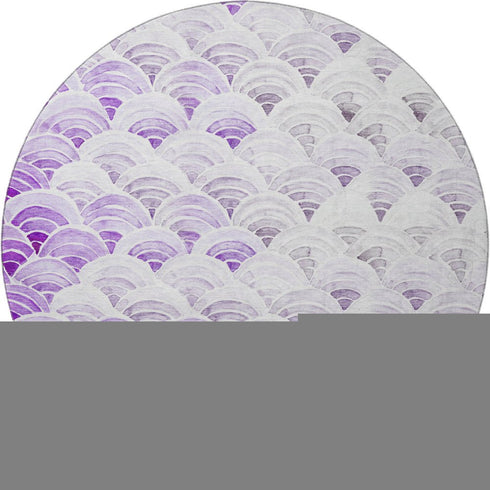 8' Purple Ivory And Gray Geometric Washable Round Rug With UV Protection