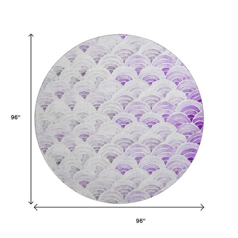 8' Purple Ivory And Gray Geometric Washable Round Rug With UV Protection