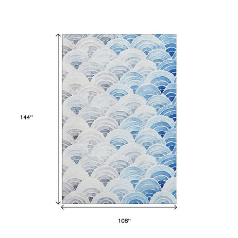 9' X 12' Blue Ivory And Gray Geometric Washable Area Rug With UV Protection