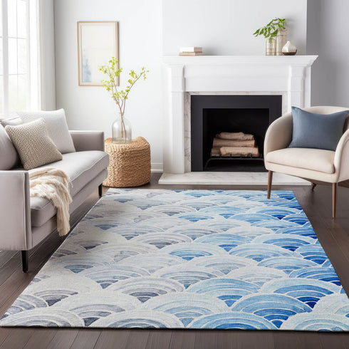9' X 12' Blue Ivory And Gray Geometric Washable Area Rug With UV Protection