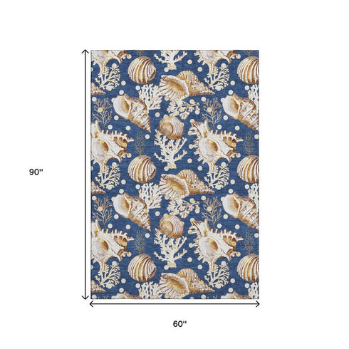 5' X 8' Blue Ivory And Beige Geometric Washable Area Rug With UV Protection