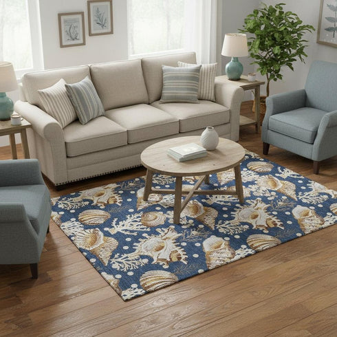 5' X 8' Blue Ivory And Beige Geometric Washable Area Rug With UV Protection