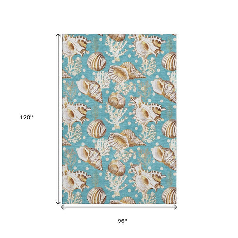 8' X 10' Aqua Ivory And Beige Geometric Washable Area Rug With UV Protection