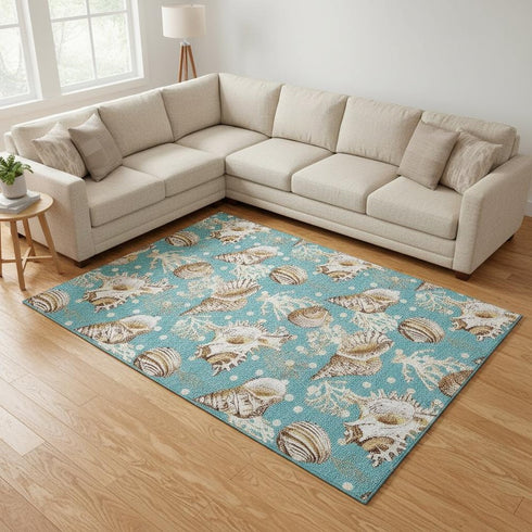 8' X 10' Aqua Ivory And Beige Geometric Washable Area Rug With UV Protection