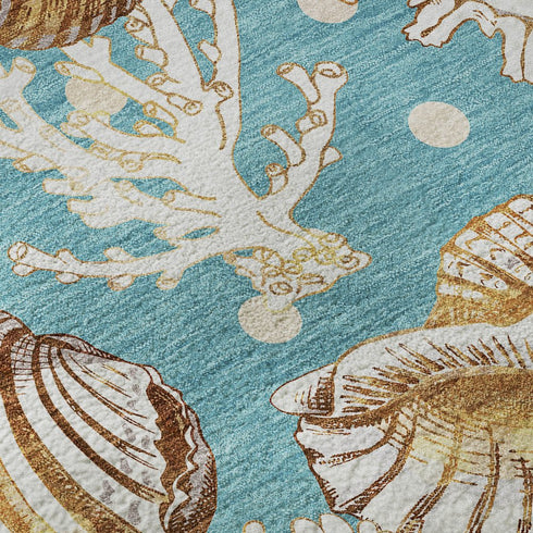 8' X 10' Aqua Ivory And Beige Geometric Washable Area Rug With UV Protection