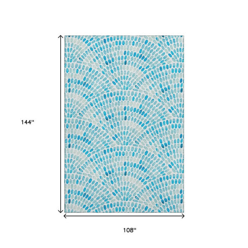 9' X 12' Aqua And Ivory Geometric Washable Area Rug With UV Protection