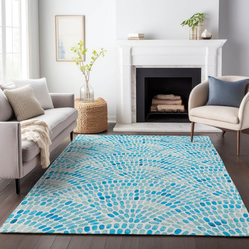 9' X 12' Aqua And Ivory Geometric Washable Area Rug With UV Protection