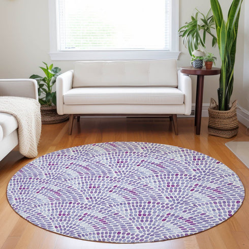 8' Purple And Ivory Geometric Washable Round Rug With UV Protection