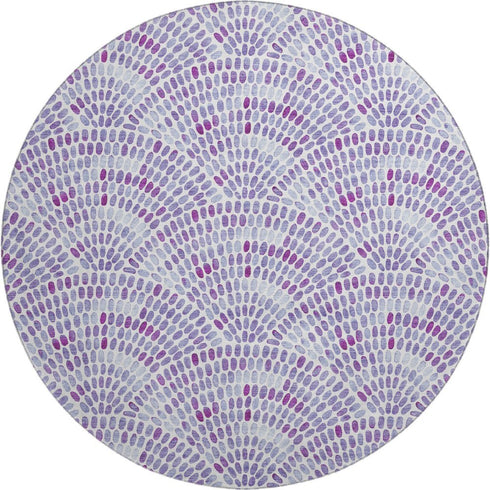8' Purple And Ivory Geometric Washable Round Rug With UV Protection