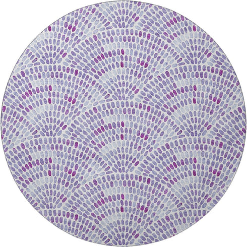 8' Purple And Ivory Geometric Washable Round Rug With UV Protection