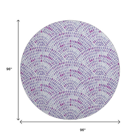 8' Purple And Ivory Geometric Washable Round Rug With UV Protection