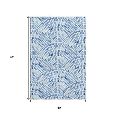 5' X 8' Blue And Ivory Geometric Washable Area Rug With UV Protection