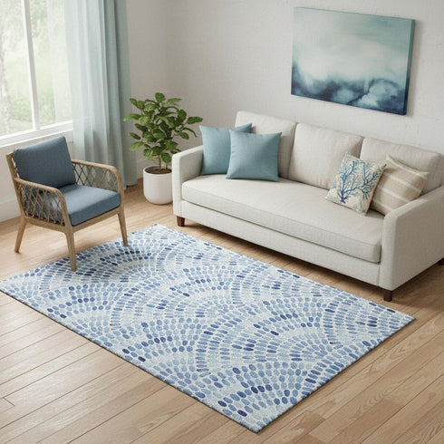 5' X 8' Blue And Ivory Geometric Washable Area Rug With UV Protection