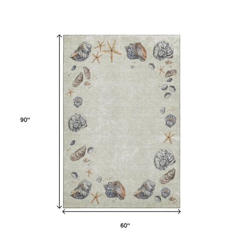 5' X 8' Linen Ivory And Beige Geometric Washable Area Rug With UV Protection