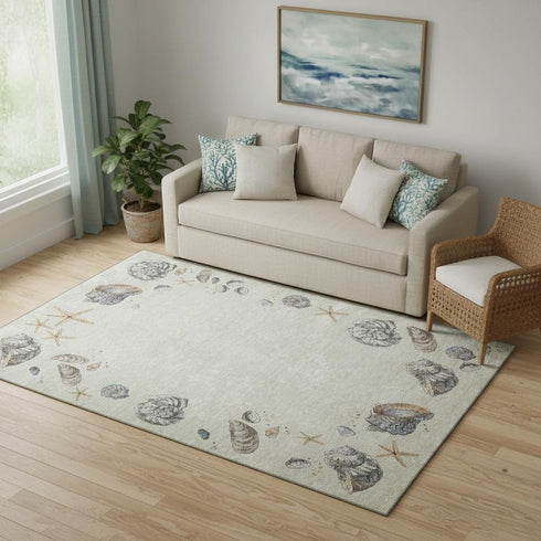 5' X 8' Linen Ivory And Beige Geometric Washable Area Rug With UV Protection