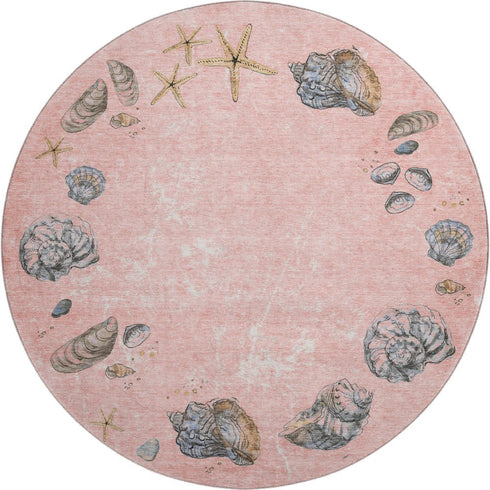 8' Peach Gray And Ivory Geometric Washable Round Rug With UV Protection