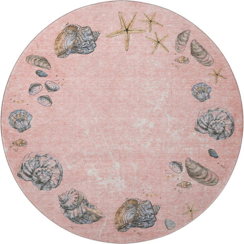 8' Peach Gray And Ivory Geometric Washable Round Rug With UV Protection