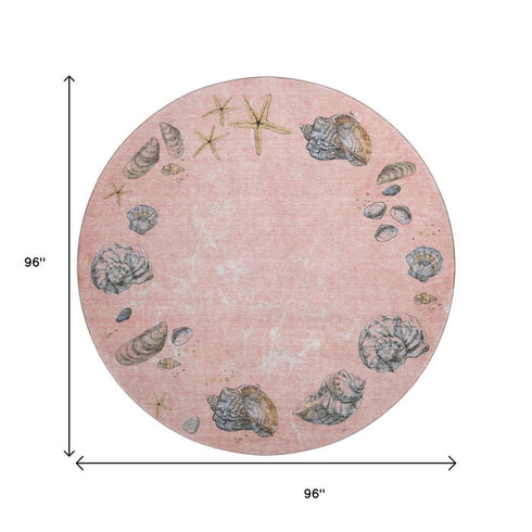 8' Peach Gray And Ivory Geometric Washable Round Rug With UV Protection