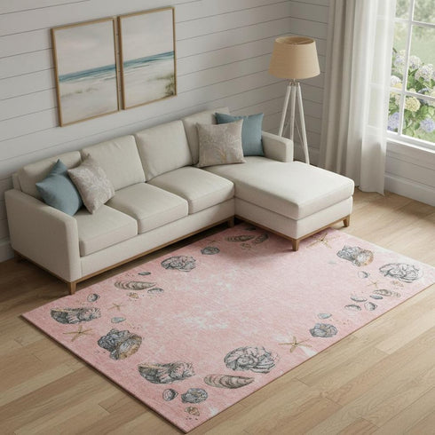 8' X 10' Peach Gray And Ivory Geometric Washable Area Rug With UV Protection